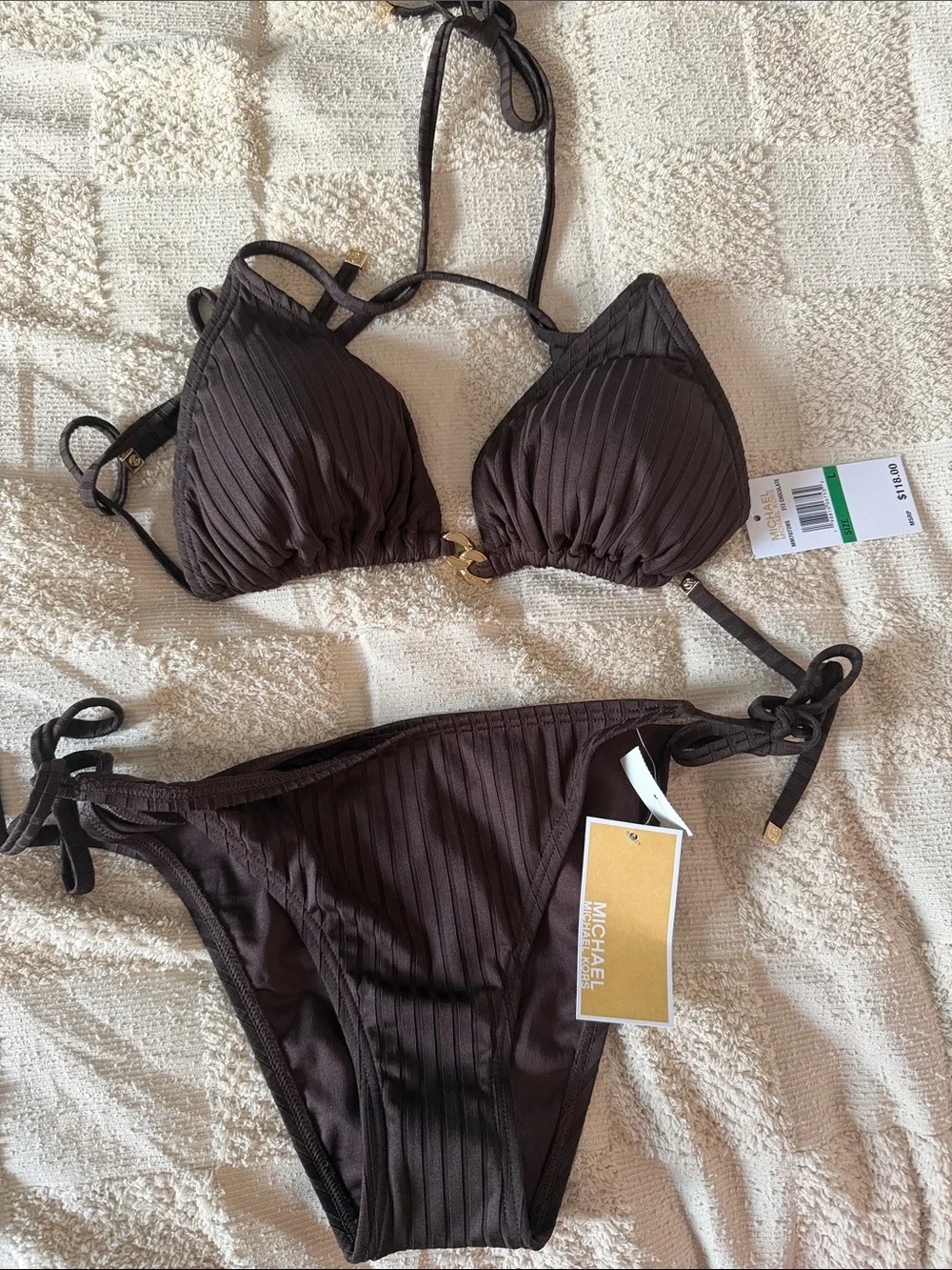 Michael Kors Dark Brown Ribbed Triangle Bikini Set